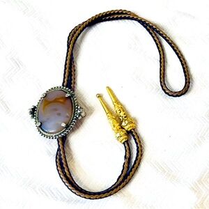 Vintage Leather Bolo Necklace With Agate Charm 17” Long